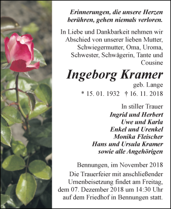 Traueranzeige von Ingeborg Kramer von Mitteldeutsche Zeitung Sangerhausen