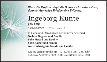 Traueranzeige von Ingeborg Kunte von Mitteldeutsche Zeitung Dessau-Roßlau