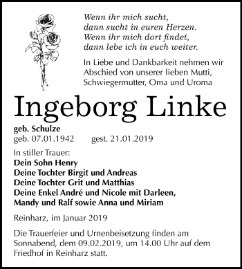 Traueranzeige von Ingeborg Linke von WVG - Wochenspiegel Wittenberg