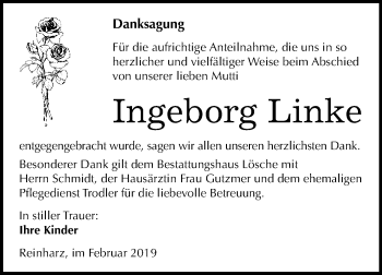 Traueranzeige von Ingeborg Linke von WVG - Wochenspiegel Wittenberg