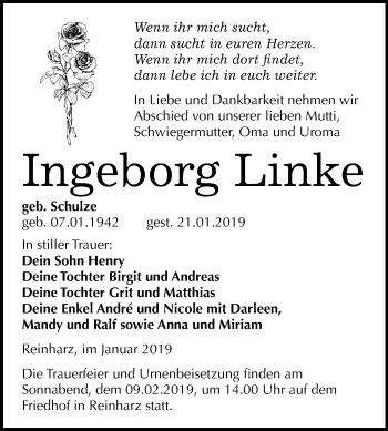 Traueranzeige von Ingeborg Linke von Mitteldeutsche Zeitung