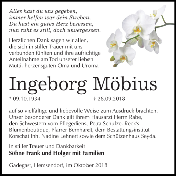 Traueranzeige von Ingeborg Möbius von Mitteldeutsche Zeitung Wittenberg