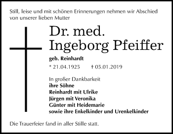 Traueranzeige von Ingeborg Pfeiffer von WVG - Wochenspiegel Dessau / Köthen