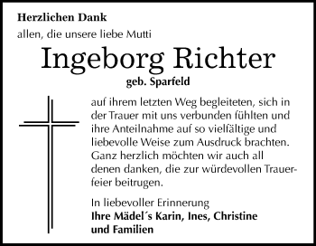 Traueranzeige von Ingeborg Richter von Mitteldeutsche Zeitung Wittenberg