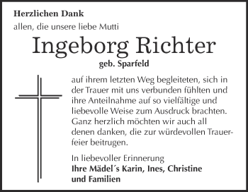 Traueranzeige von Ingeborg Richter von Super Sonntag Wittenberg
