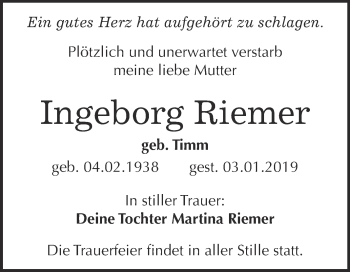 Traueranzeige von Ingeborg Riemer von WVG - Wochenspiegel Wittenberg