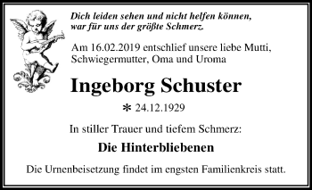 Traueranzeige von Ingeborg Schuster von Mitteldeutsche Zeitung Dessau-Roßlau