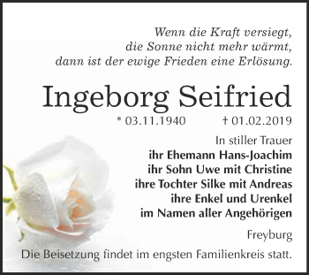 Traueranzeige von Ingeborg Seifried von WVG - Wochenspiegel NMB / WSF / ZTZ