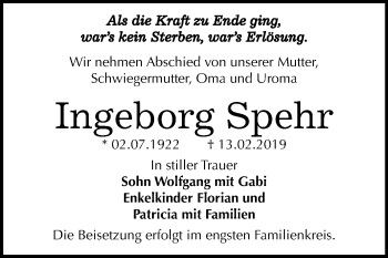 Traueranzeige von Ingeborg Spehr von Mitteldeutsche Zeitung Bernburg