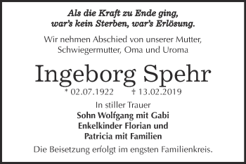 Traueranzeige von Ingeborg Spehr von Super Sonntag Bernburg