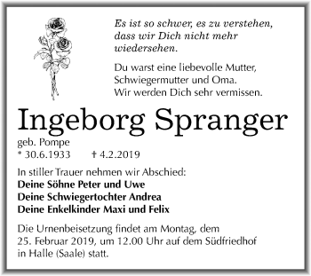 Traueranzeige von Ingeborg Spranger von Mitteldeutsche Zeitung Halle/Saalkreis