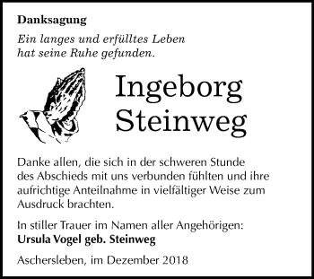 Traueranzeige von Ingeborg Steinweg von Mitteldeutsche Zeitung Aschersleben