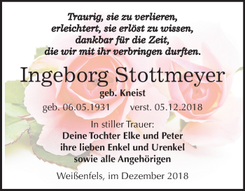 Traueranzeige von Ingeborg Stottmeyer von Mitteldeutsche Zeitung Weißenfels