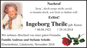 Traueranzeige von Ingeborg Theile von Mitteldeutsche Zeitung Zeitz