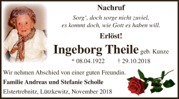 Traueranzeige von Ingeborg Theile von Super Sonntag Zeitz