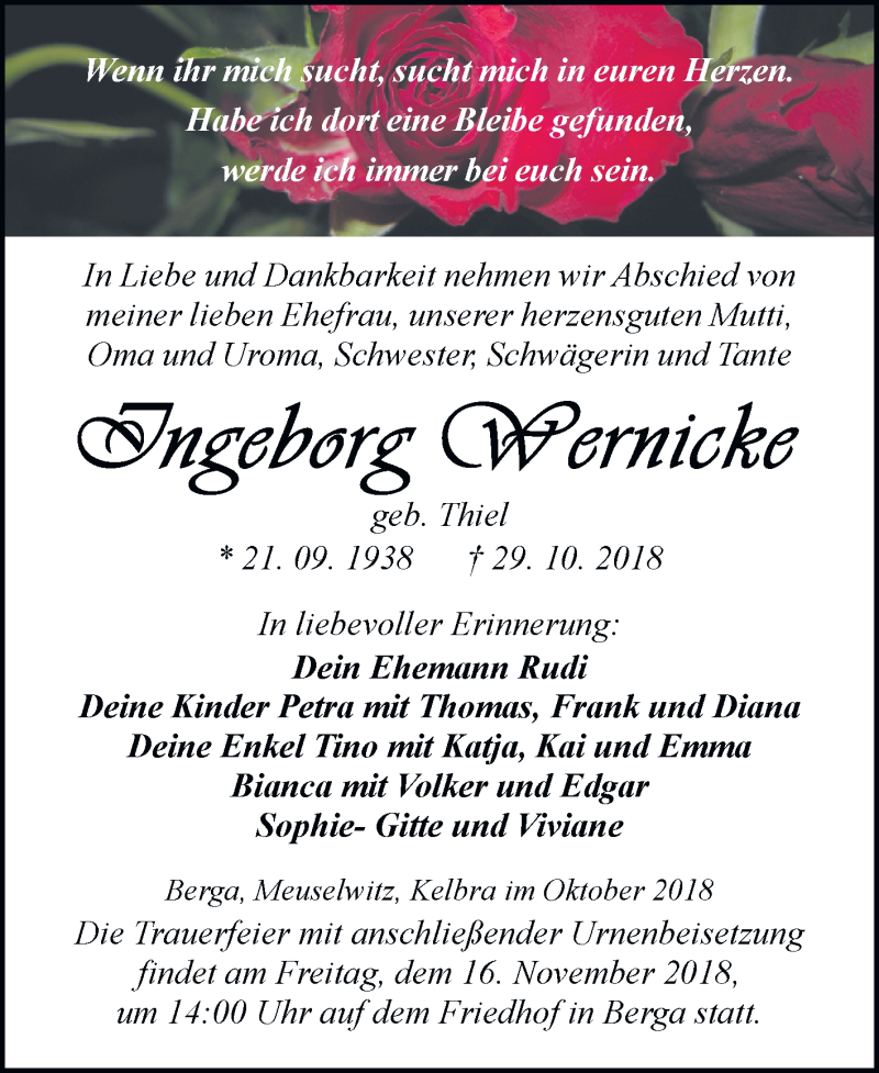  Traueranzeige für Ingeborg Wernicke vom 10.11.2018 aus Mitteldeutsche Zeitung Sangerhausen