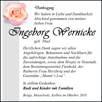 Traueranzeige von Ingeborg Wernicke von Mitteldeutsche Zeitung Sangerhausen