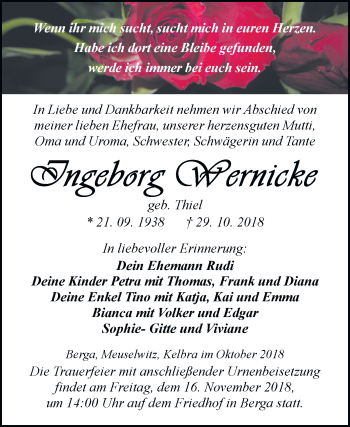 Traueranzeige von Ingeborg Wernicke von Mitteldeutsche Zeitung Sangerhausen