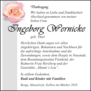 Traueranzeige von Ingeborg Wernicke von Super Sonntag SGH Mansf. Land