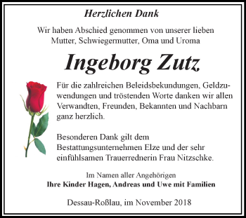 Traueranzeige von Ingeborg Zutz von Mitteldeutsche Zeitung Dessau-Roßlau
