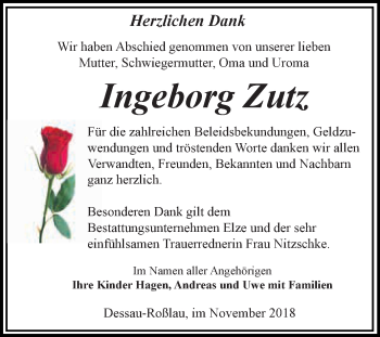 Traueranzeige von Ingeborg Zutz von WVG - Wochenspiegel Dessau / Köthen