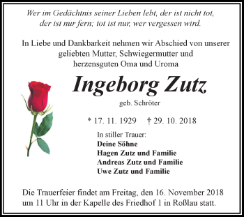 Traueranzeige von Ingeborg Zutz von Mitteldeutsche Zeitung Dessau-Roßlau
