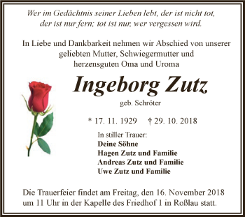 Traueranzeige von Ingeborg Zutz von WVG - Wochenspiegel Dessau / Köthen