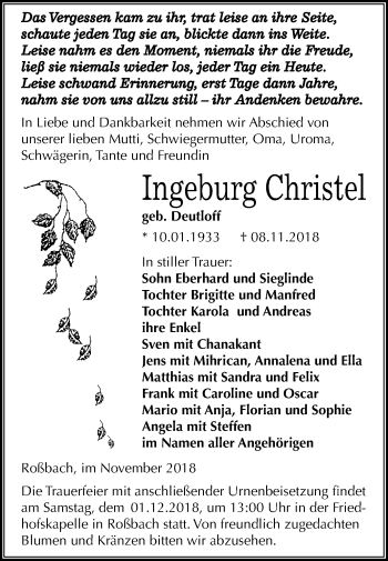 Traueranzeige von Ingeburg Christel von Mitteldeutsche Zeitung Merseburg/Querfurt