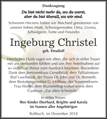 Traueranzeige von Ingeburg Christel von Mitteldeutsche Zeitung Merseburg/Querfurt