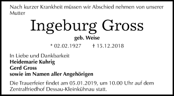 Traueranzeige von Ingeburg Gross von Mitteldeutsche Zeitung Dessau-Roßlau