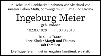Traueranzeige von Ingeburg Meier von WVG - Wochenspiegel Dessau / Köthen