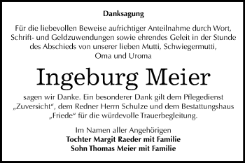Traueranzeige von Ingeburg Meier von Mitteldeutsche Zeitung Dessau-Roßlau