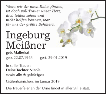 Traueranzeige von Ingeburg Meißner von WVG - Wochenspiegel Wittenberg