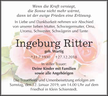 Traueranzeige von Ingeburg Ritter von Super Sonntag Aschersleben
