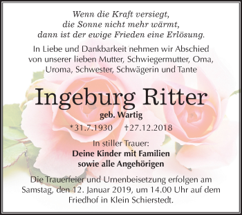 Traueranzeige von Ingeburg Ritter von Mitteldeutsche Zeitung Aschersleben