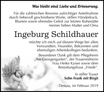 Traueranzeige von Ingeburg Schildhauer von Mitteldeutsche Zeitung