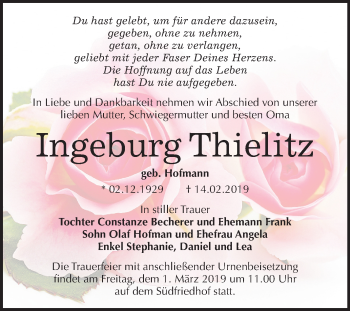 Traueranzeige von Ingeburg Thielitz von Mitteldeutsche Zeitung Halle/Saalkreis