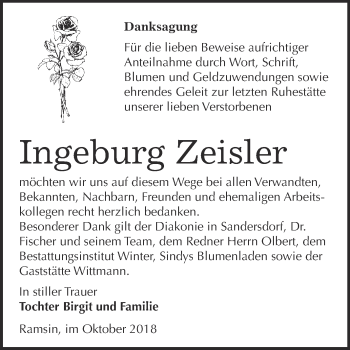 Traueranzeige von Ingeburg Zeisler von WVG - Wochenspiegel Bitterfeld