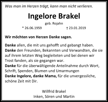 Traueranzeige von Ingelore Brakel von Mitteldeutsche Zeitung Bitterfeld