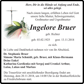 Traueranzeige von Ingelore Bruer von Mitteldeutsche Zeitung Quedlinburg
