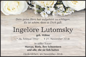 Traueranzeige von Ingelore Lutomsky von Super Sonntag Quedlinburg