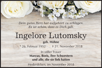Traueranzeige von Ingelore Lutomsky von Mitteldeutsche Zeitung Quedlinburg