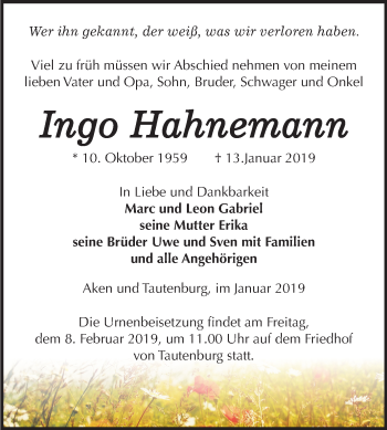 Traueranzeige von Ingo Hahnemann von Mitteldeutsche Zeitung Bitterfeld