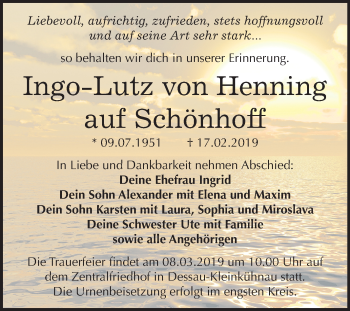 Traueranzeige von Ingo-Lutz von Henning von Mitteldeutsche Zeitung Dessau-Roßlau