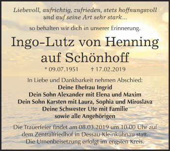 Traueranzeige von Ingo-Lutz von Henning auf Schönhoff von WVG - Wochenspiegel Dessau / Köthen