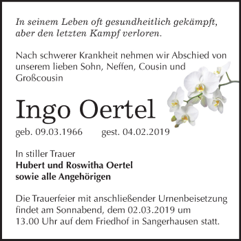 Traueranzeige von Ingo Oertel von Mitteldeutsche Zeitung Sangerhausen