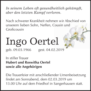 Traueranzeige von Ingo Oertel von Super Sonntag SGH Mansf. Land