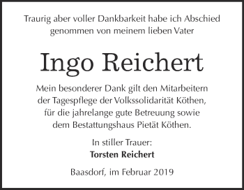Traueranzeige von Ingo Reichert von WVG - Wochenspiegel Dessau / Köthen