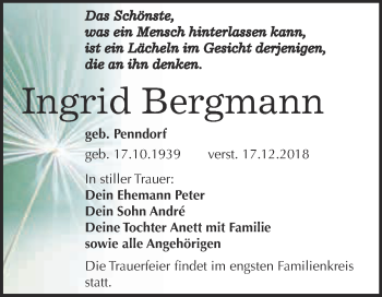 Traueranzeige von Ingrid Bergmann von WVG - Wochenspiegel NMB / WSF / ZTZ