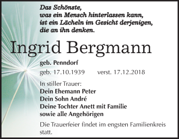 Traueranzeige von Ingrid Bergmann von Mitteldeutsche Zeitung Weißenfels